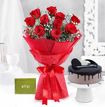 Timeless Love Red Roses Bouquet & Chocolate Cake