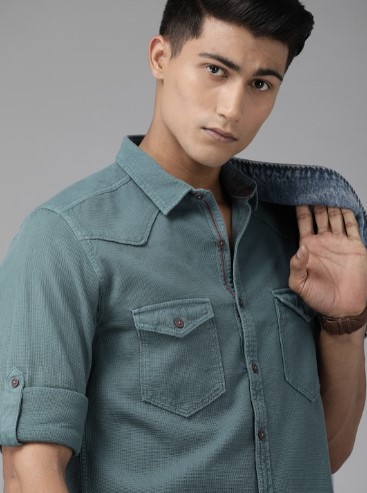 Men Teal Blue Regular Fit Self Design Pure Cotton Casual Shirt