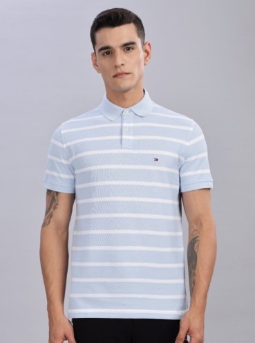 Tommy Hilfiger Men Striped Polo Collar Cotton Regular Fit T-shirt