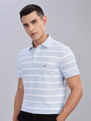 Tommy Hilfiger Men Striped Polo Collar Cotton Regular Fit T-shirt