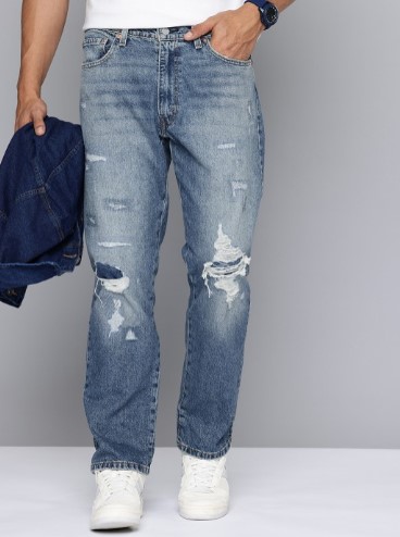 Levis Men 555 Relaxed Fit Highly Distressed Light Fade Stretchable Jeans