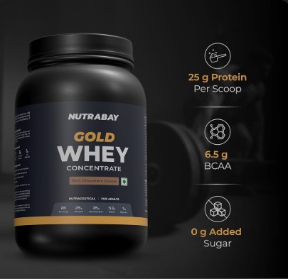 Nutrabay Gold Concentrate Whey Protein for Muscle Recovery | No Added Sugar Powder Rich Chocolate Creme