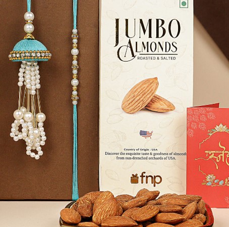 Tranquil Teal Jhumar Bhaiya-Bhabhi Pearl Rakhi Set With Almonds