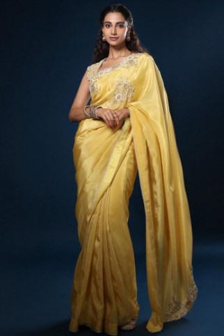 Designer Yellow Silk Haldi Saree with Hand Embroidery