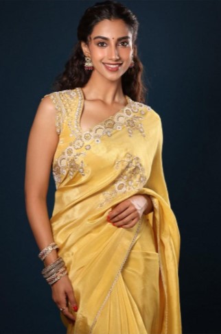 Designer Yellow Silk Haldi Saree with Hand Embroidery