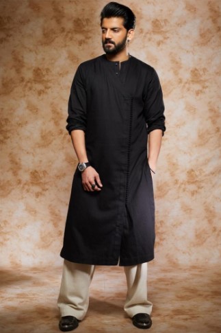 Elegant Long Black Kurta Pajama for Eid Party