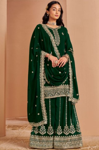 Green Embroidered Full Sleeve Party Wear Sharara Suit