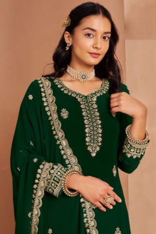 Green Embroidered Full Sleeve Party Wear Sharara Suit