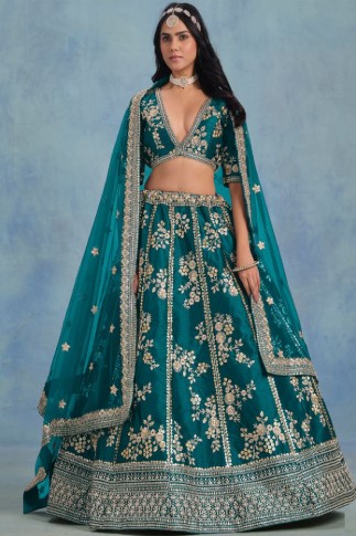 Teal Green Art Silk Lehenga with Floral Zari Embroidery