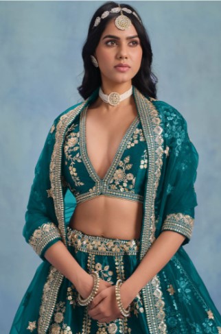 Teal Green Art Silk Lehenga with Floral Zari Embroidery