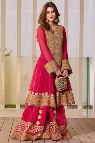 Red Embroidered Silk Wedding Gharara Suit for Eid & Festivals