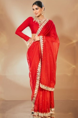 Organza Red Saree with Mirror & Zari Embroidery
