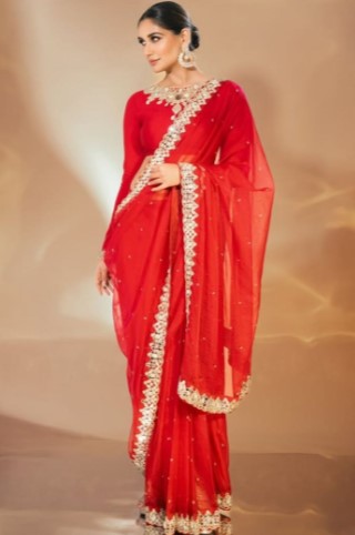 Organza Red Saree with Mirror & Zari Embroidery