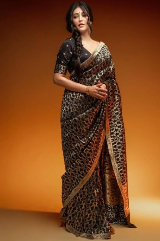 Banarasi Silk Black Zari Woven Saree with Gold Border – Festive & Wedding Wear