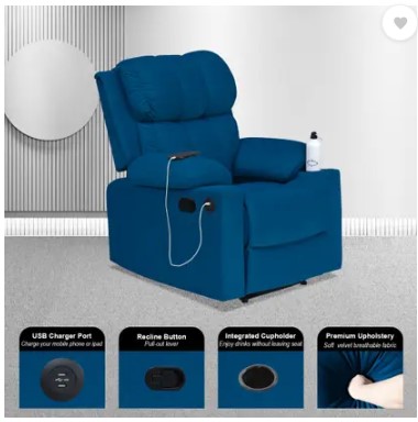 ARRA Royale Relaxer Fabric 1 Seater Manual Recliner With Pull-Out Lever - Navy Blue Fabric Manual Recliner  (Finish Color - Navy Blue, DIY(Do-It-Yourself))